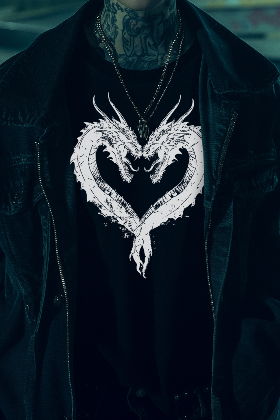 HEART DRAGON - Womens Black Tee