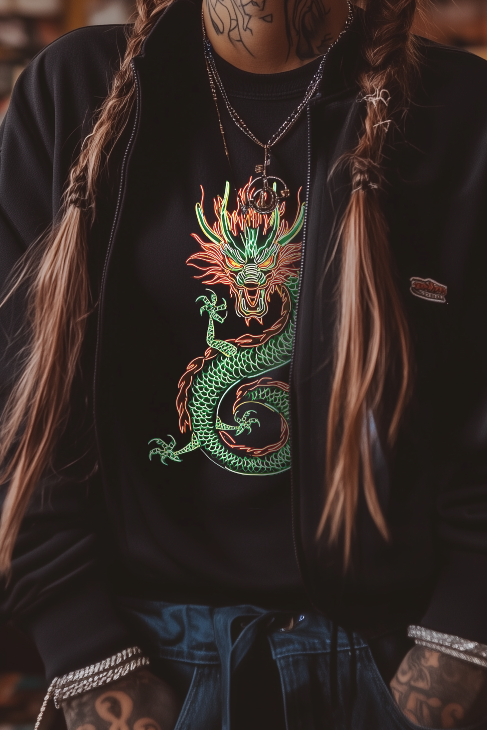 NEON DRAGON - Womens Black Tee