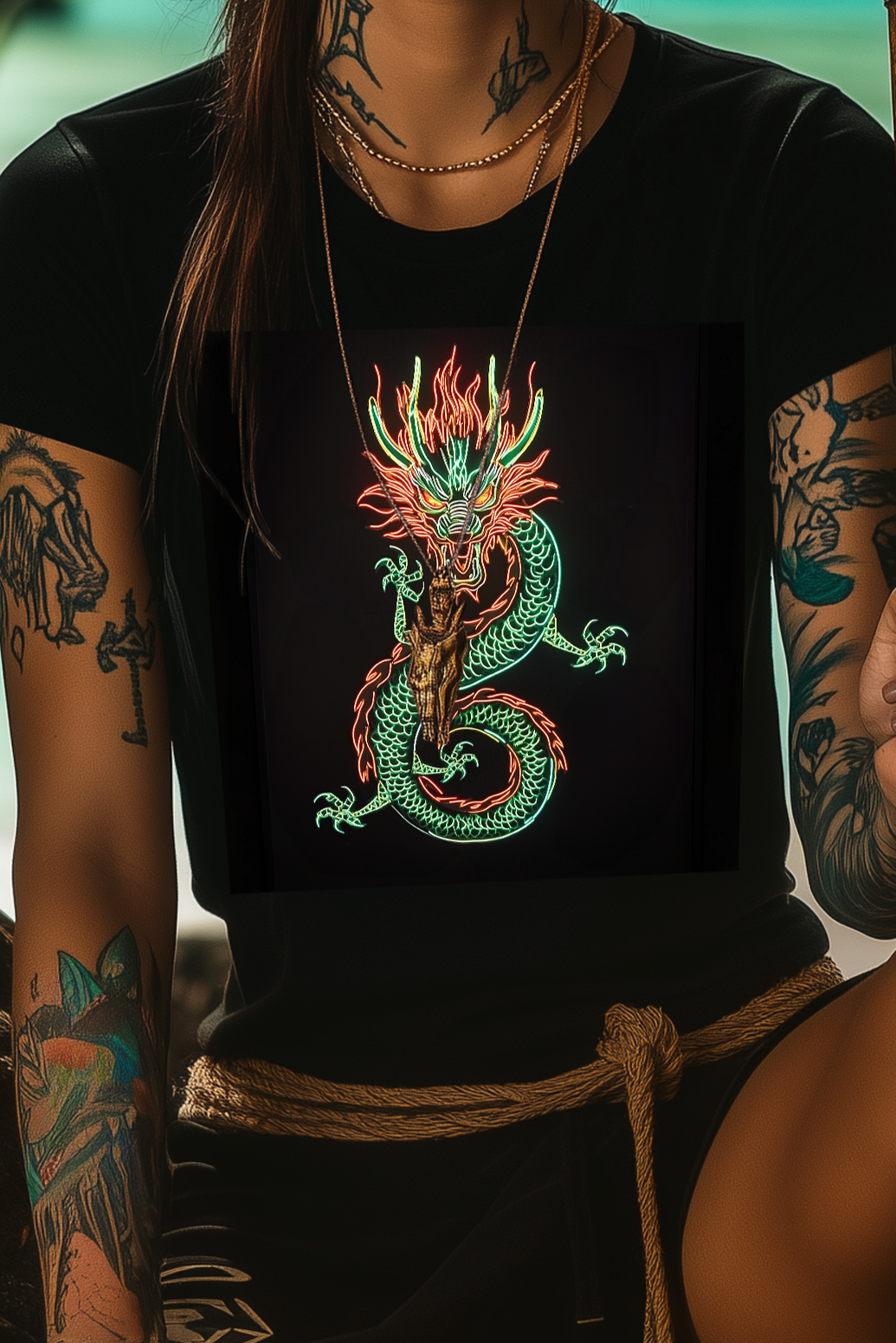 NEON DRAGON - Womens Black Tee