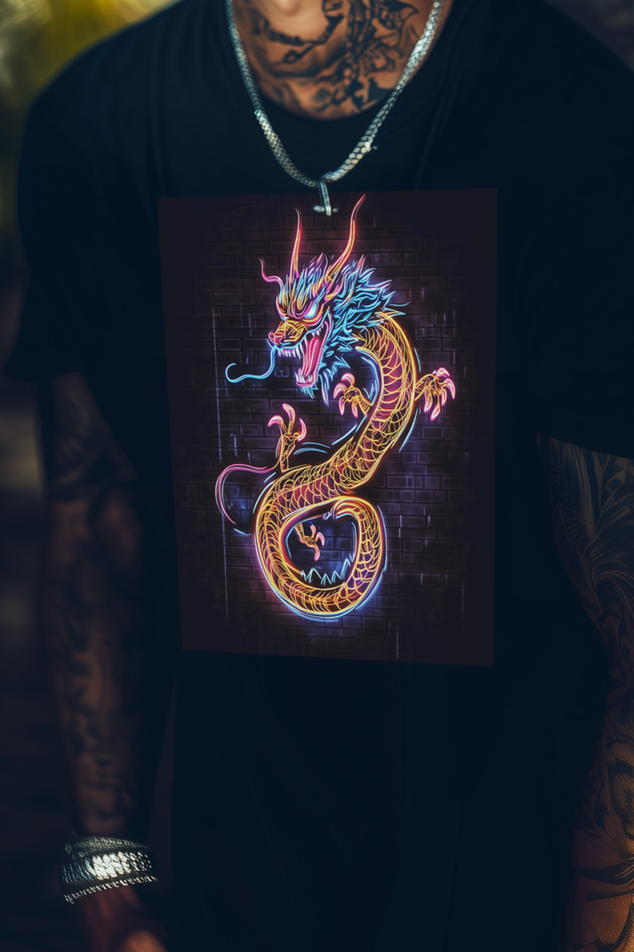 NEON DRAGON - Mens Black Tee