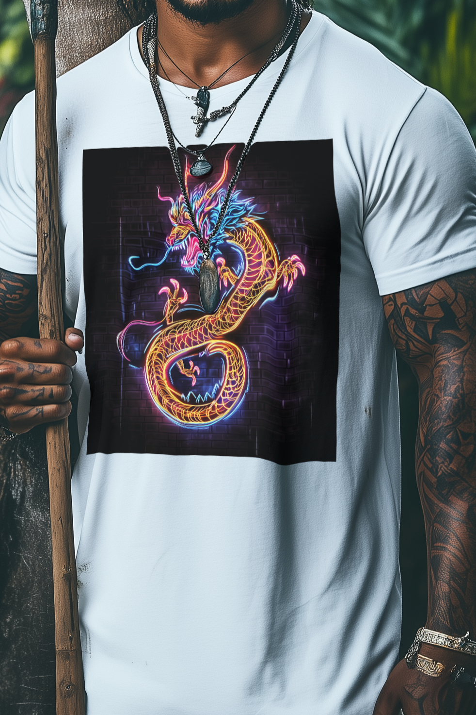 NEON DRAGON - Mens White Tee