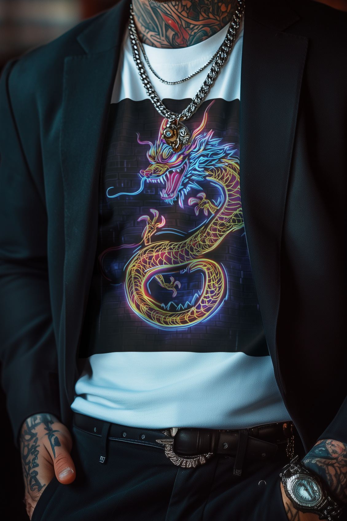 NEON DRAGON - Mens White Tee